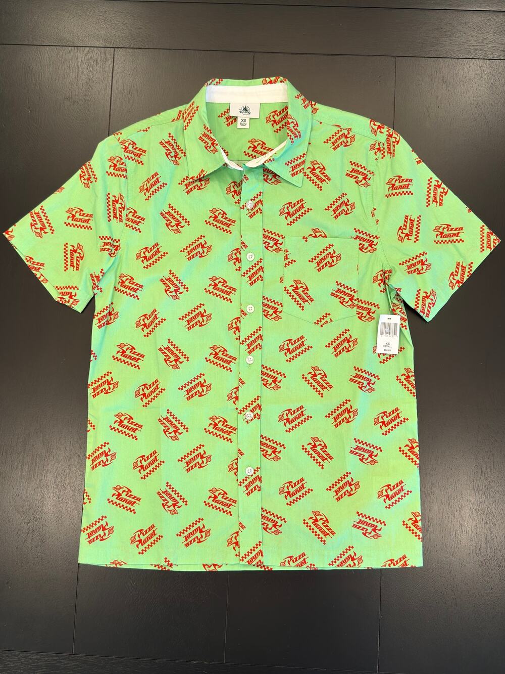 Disney Parks Toy Story Pizza Planet Mens XS Camp Button Down Shirt Green NWT